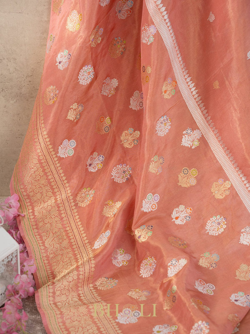 handwoven coral tissue silk kaduwa butas banarasi