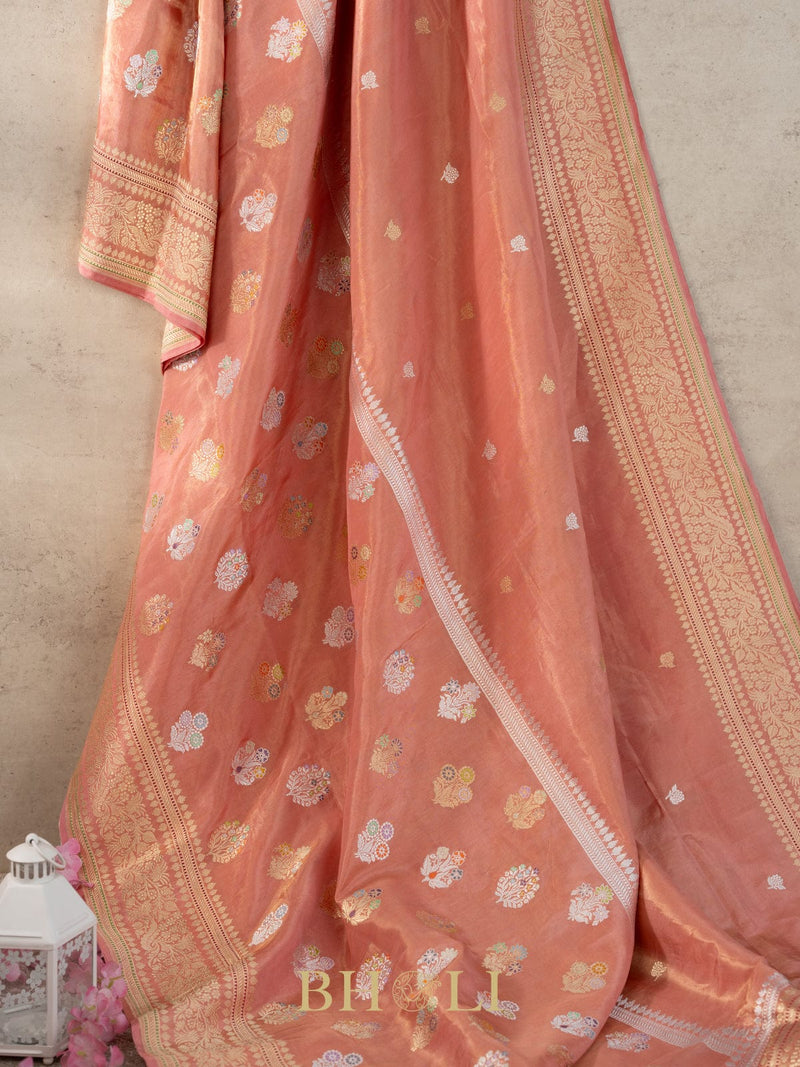handwoven coral tissue silk kaduwa butas banarasi