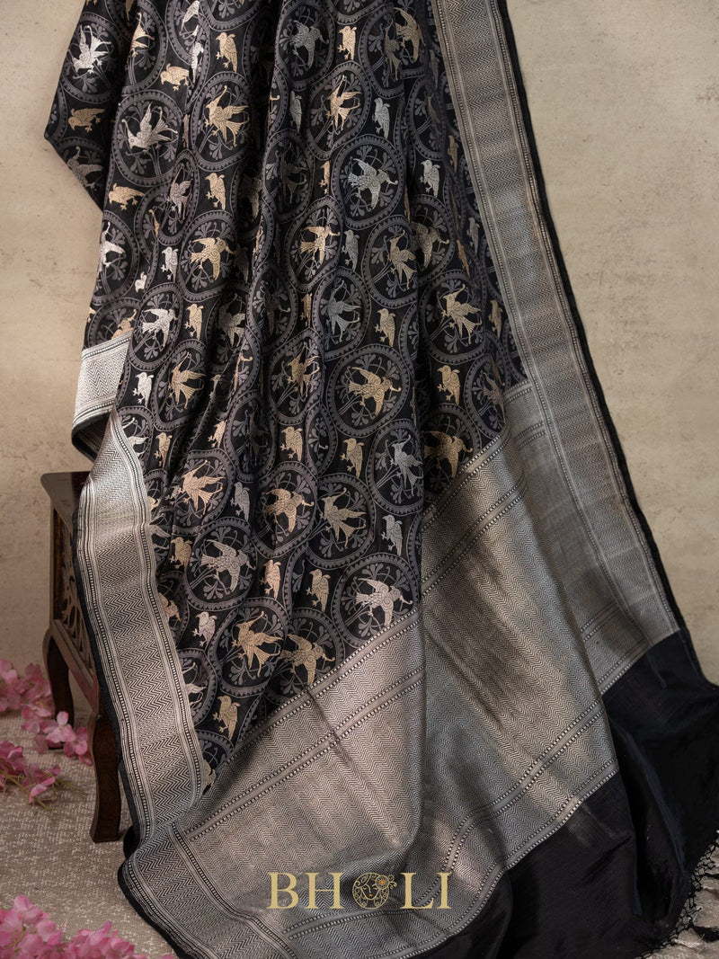 handwoven mashru gaji kaduwa jungla black banarasi