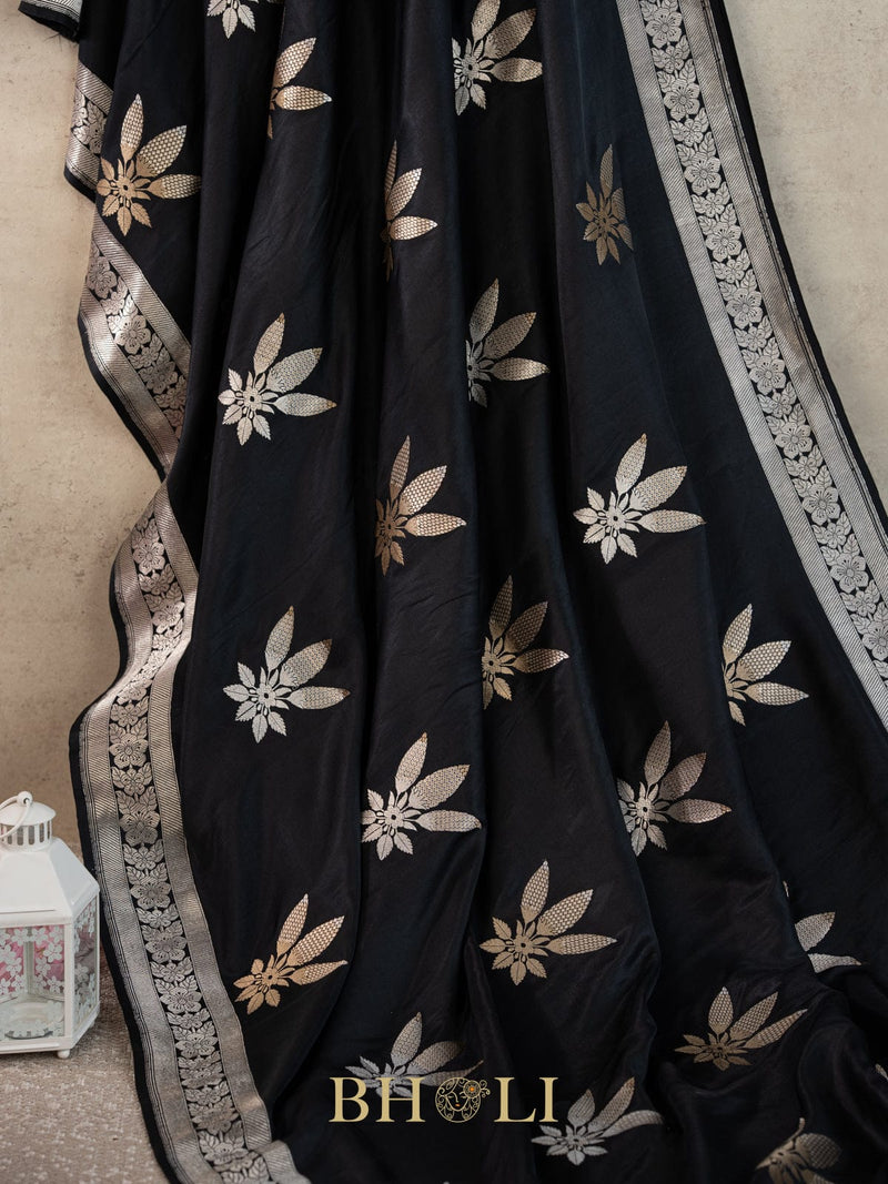 handwoven mashru gaji kaduwa sona rupa buta black banarasi