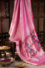 handwoven meenakari peacock pink silk by silk gadwal