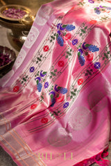 handwoven meenakari peacock pink silk by silk gadwal