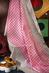 handwoven minimal silver zari korvai checkered pattern kanjivaram