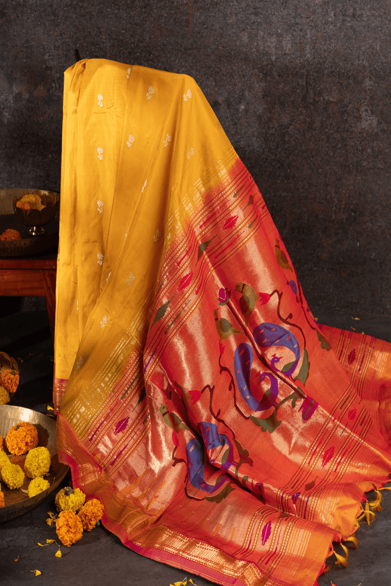 Handwoven Narali Kath yellow pure silk yeola paithani