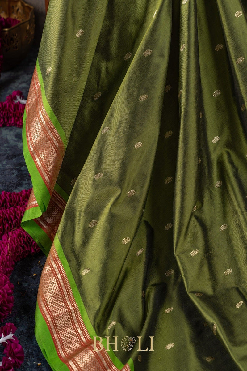 Handwoven narali paithani pure mulberry silk greensaree