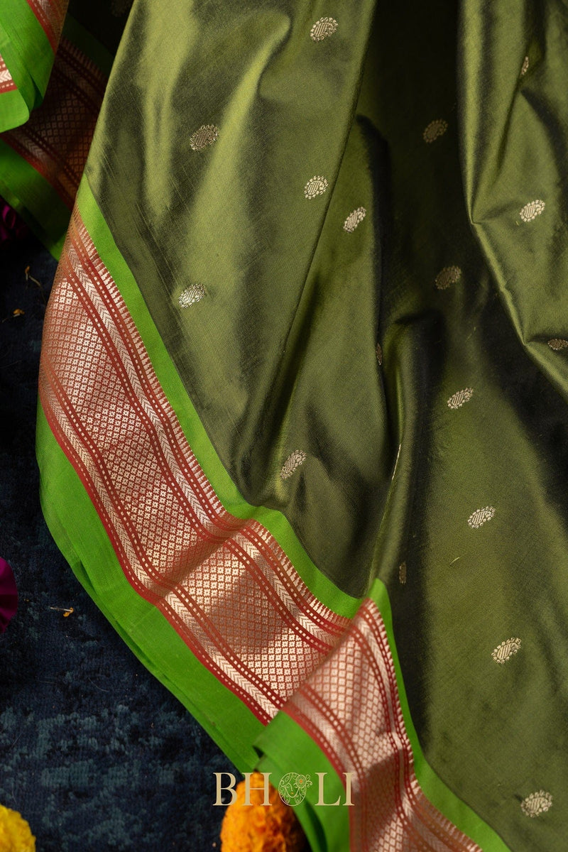 Handwoven narali paithani pure mulberry silk greensaree