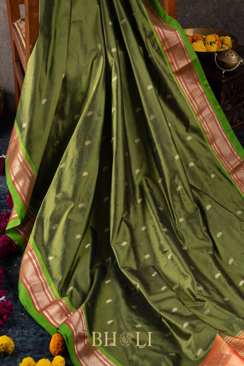Handwoven narali paithani pure mulberry silk greensaree