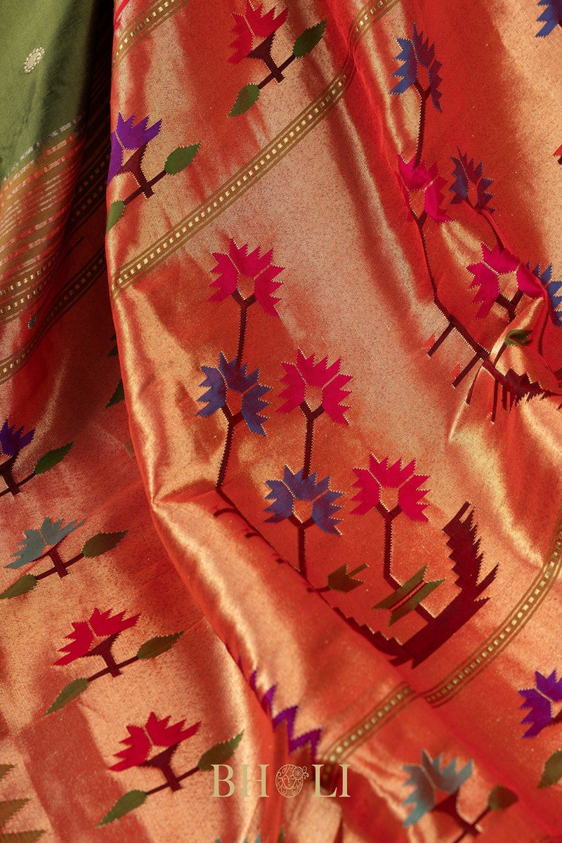 Handwoven narali paithani pure mulberry silk greensaree