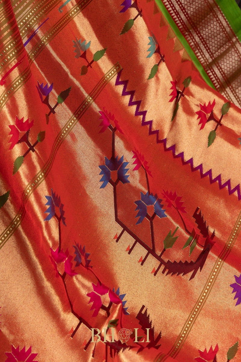 Handwoven narali paithani pure mulberry silk greensaree