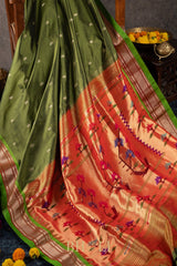 Handwoven narali paithani pure mulberry silk greensaree