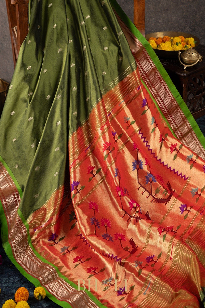Handwoven narali paithani pure mulberry silk greensaree