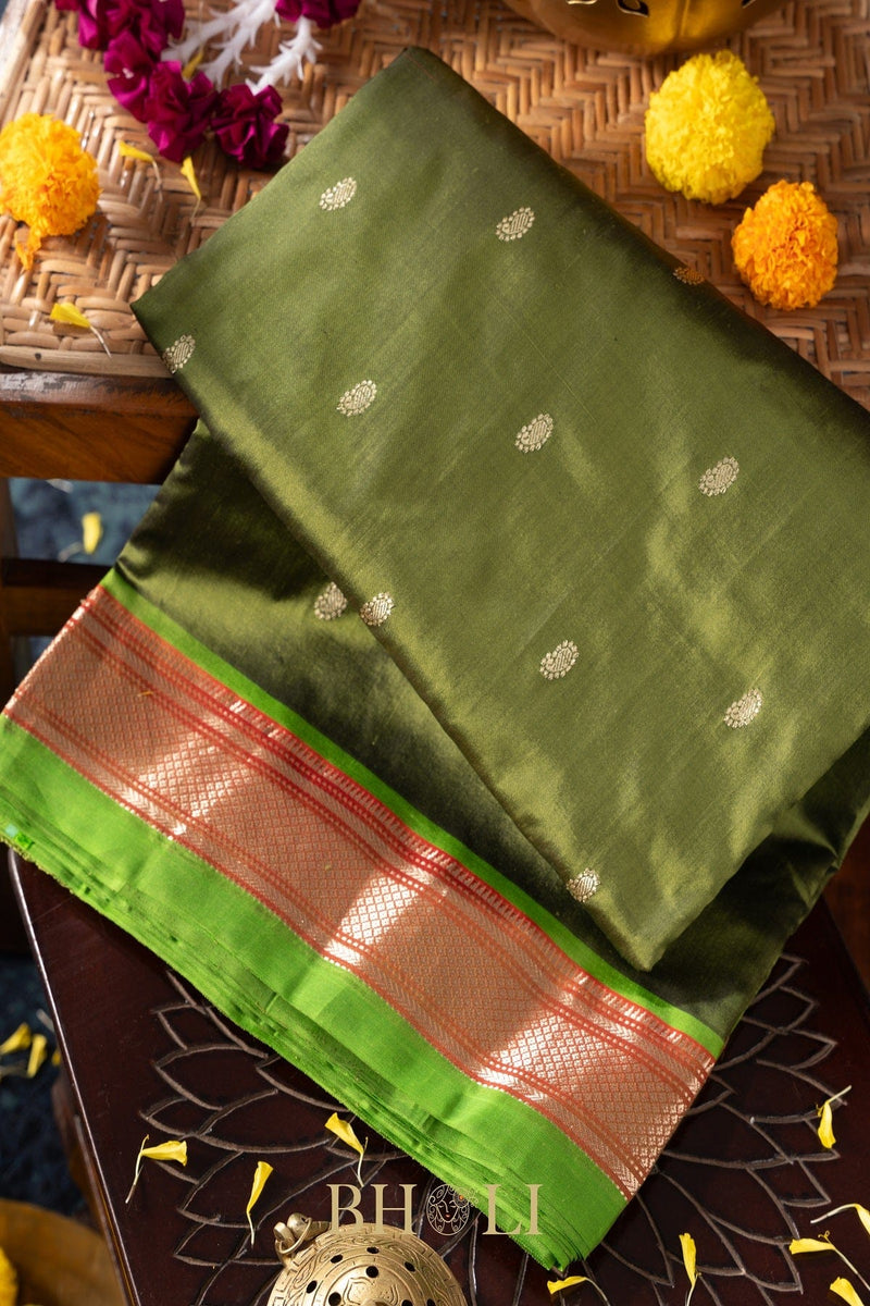 Handwoven narali paithani pure mulberry silk greensaree