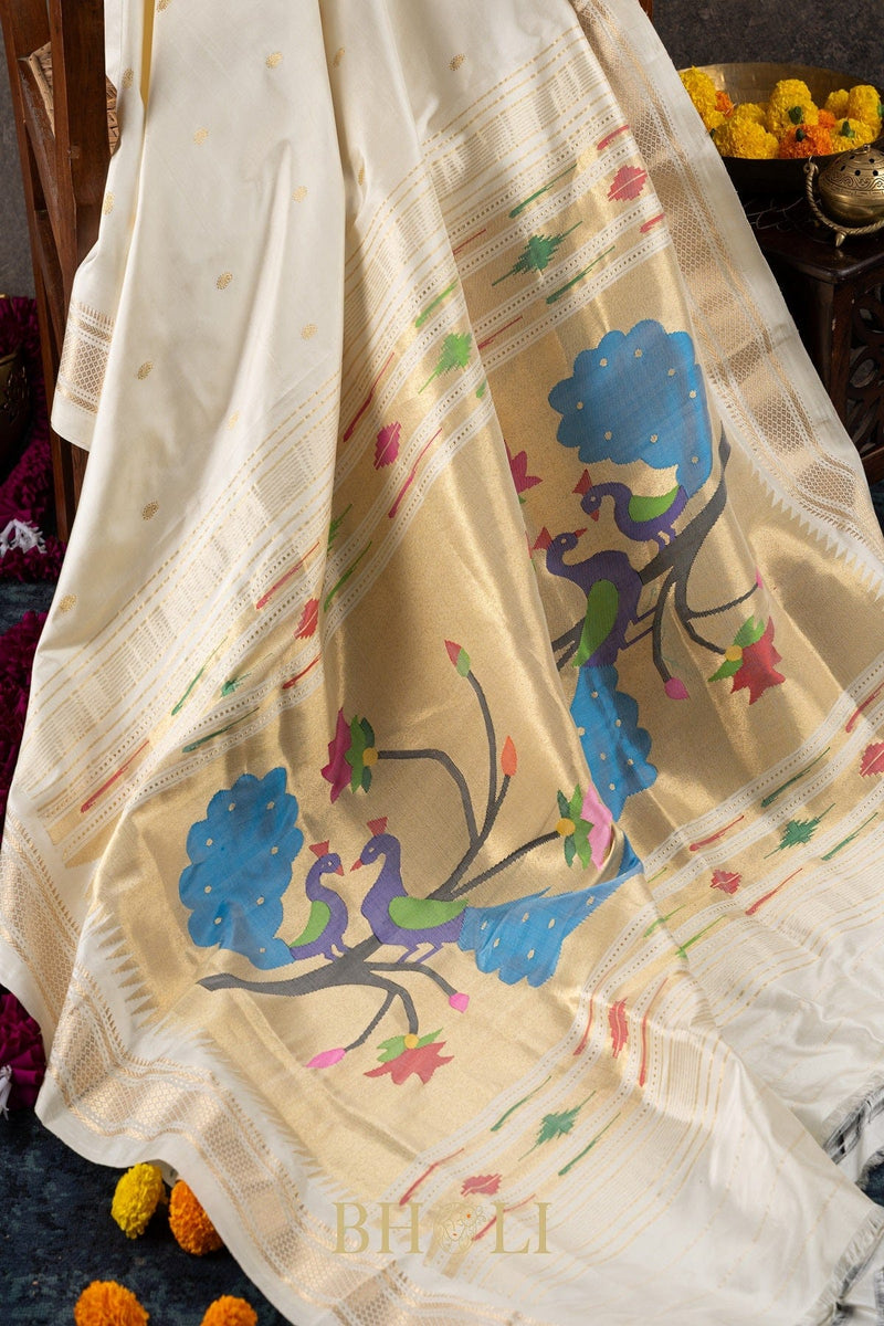 Handwoven narali paithani pure mulberry silk pearl white  saree