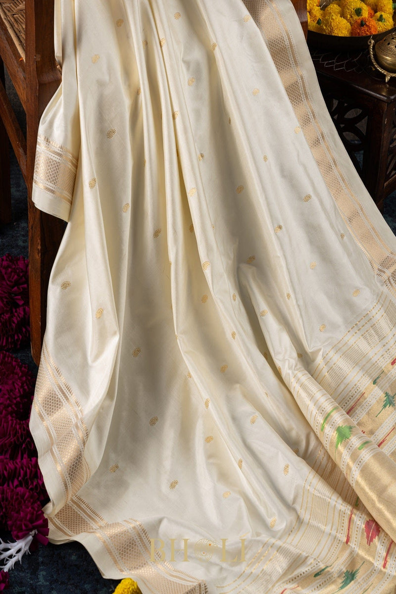 Handwoven narali paithani pure mulberry silk pearl white  saree