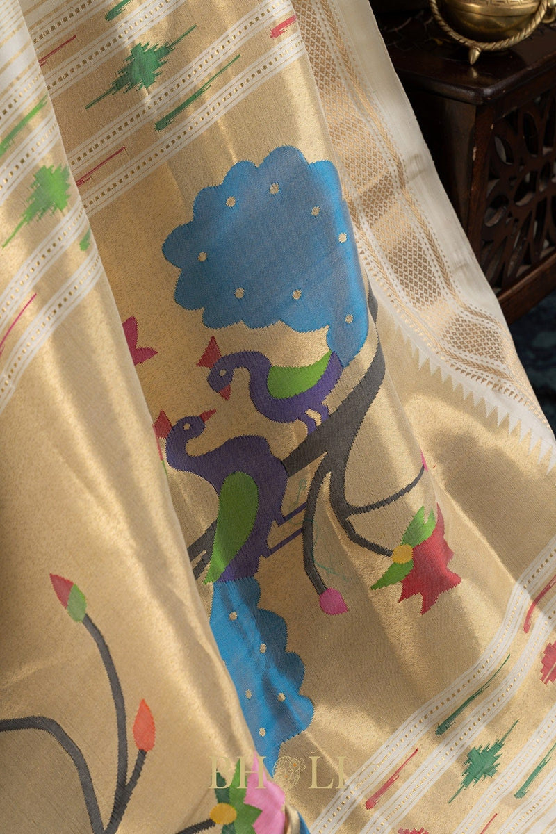 Handwoven narali paithani pure mulberry silk pearl white  saree