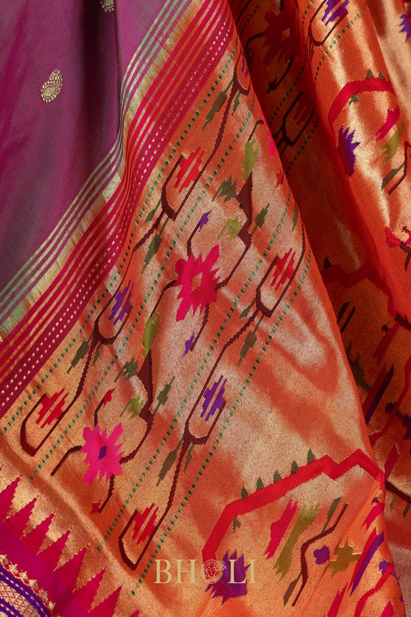 Handwoven narali paithani pure mulberry silk shot color saree