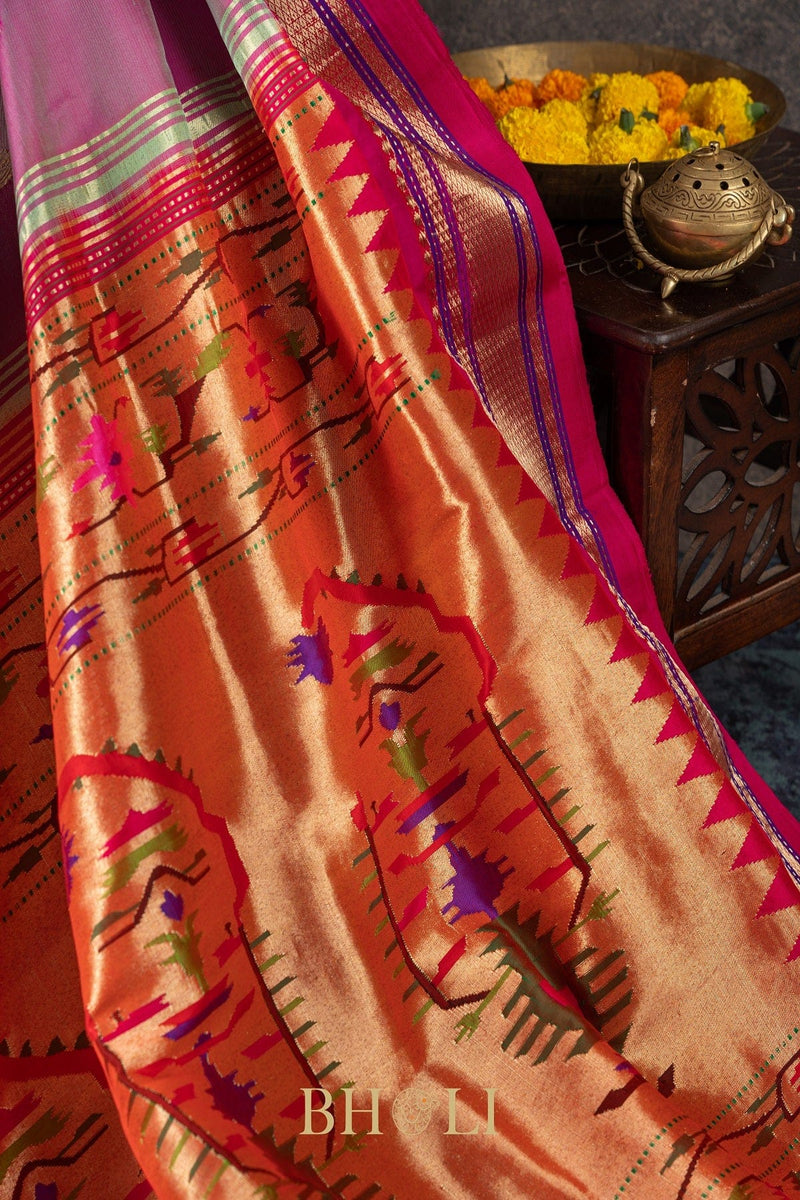 Handwoven narali paithani pure mulberry silk shot color saree