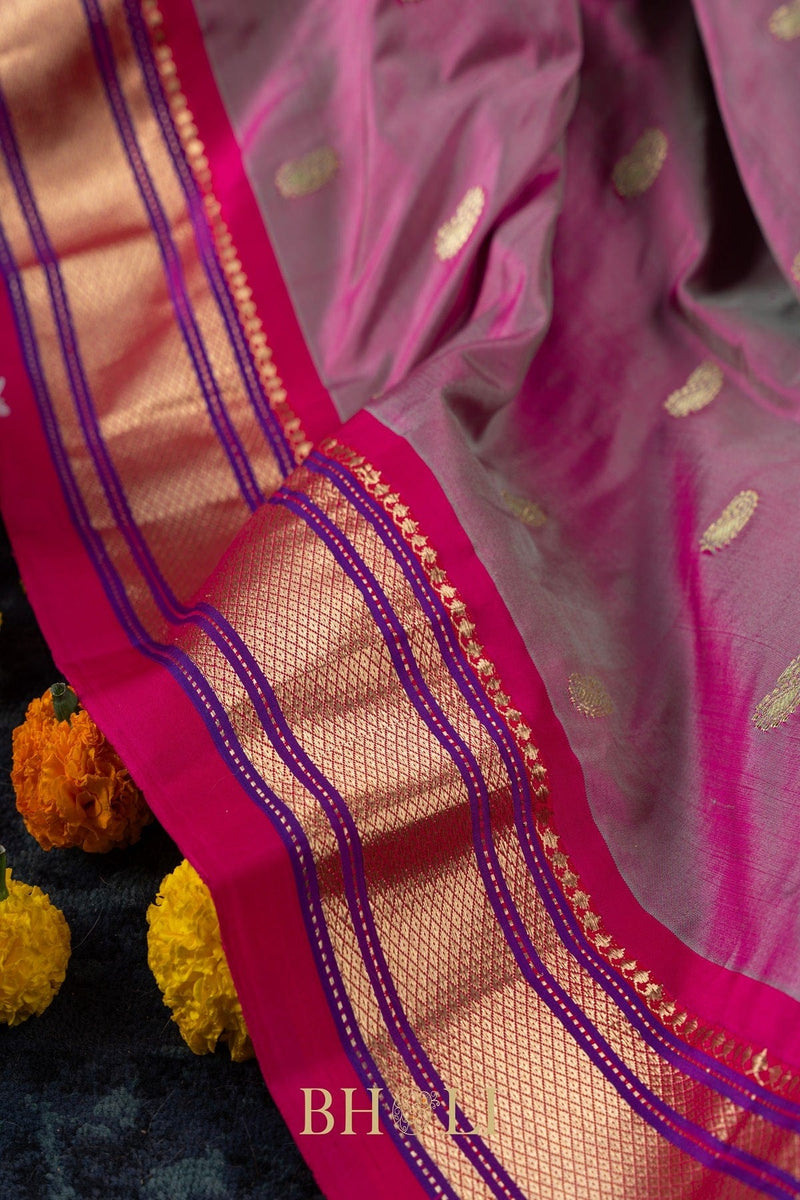 Handwoven narali paithani pure mulberry silk shot color saree
