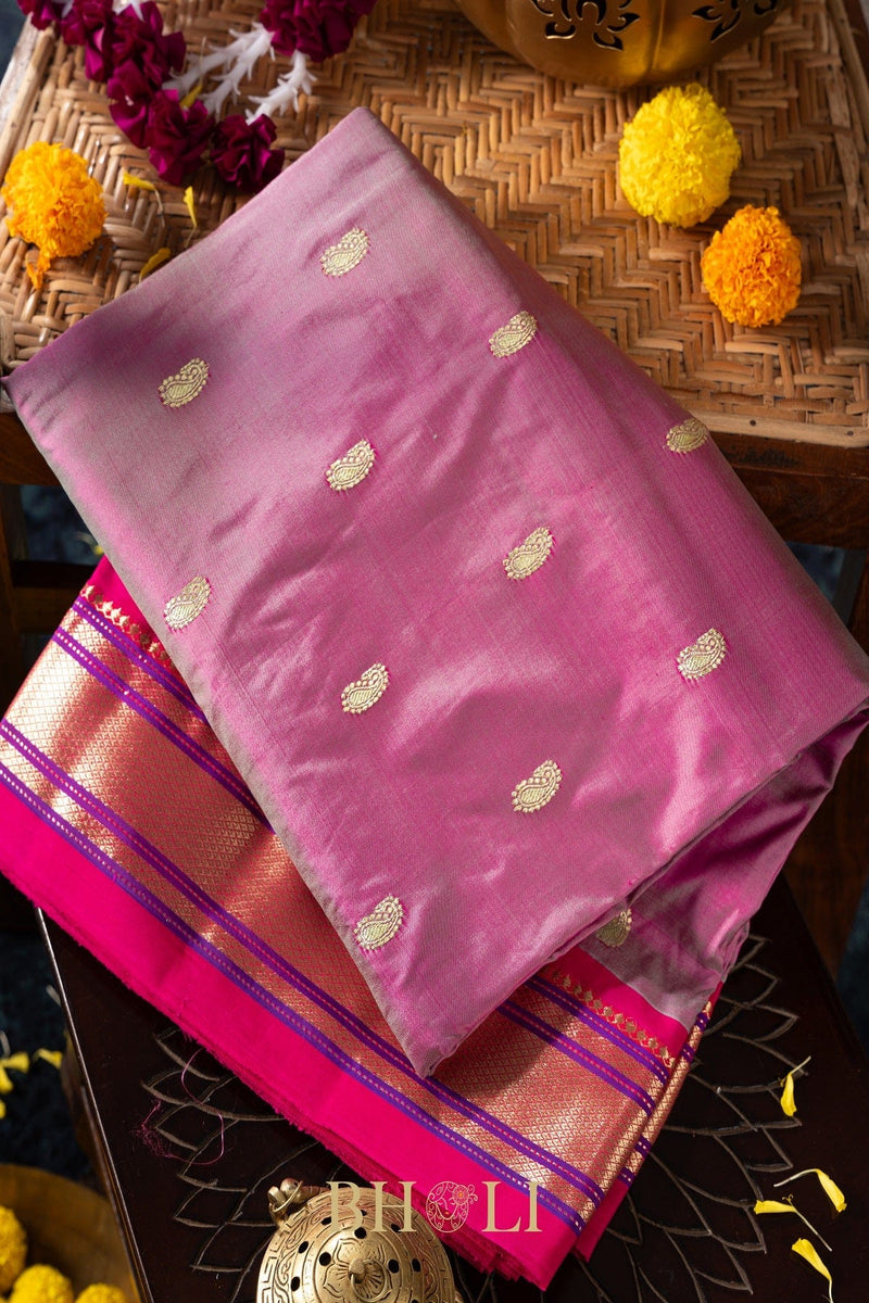 Handwoven narali paithani pure mulberry silk shot color saree
