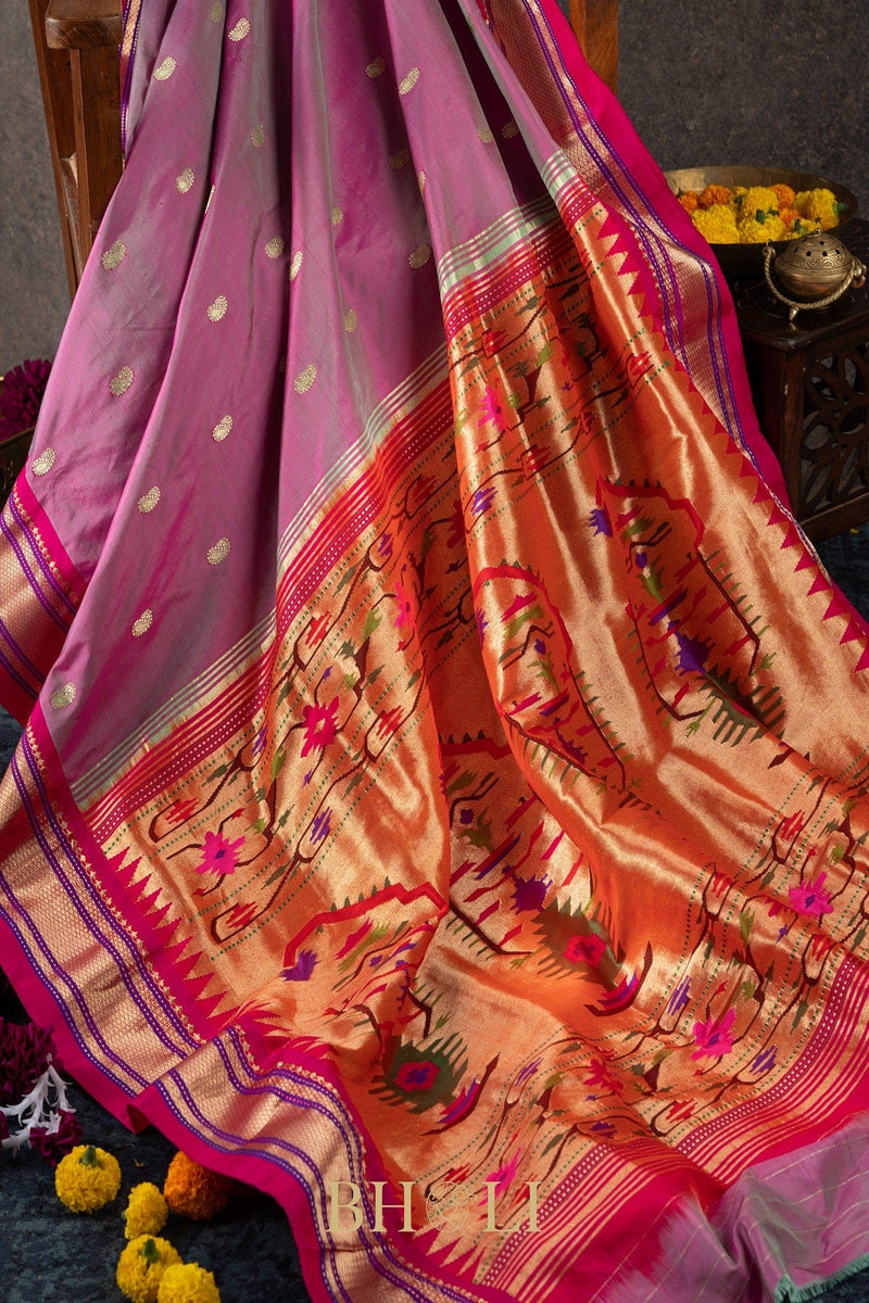 Handwoven narali paithani pure mulberry silk shot color saree