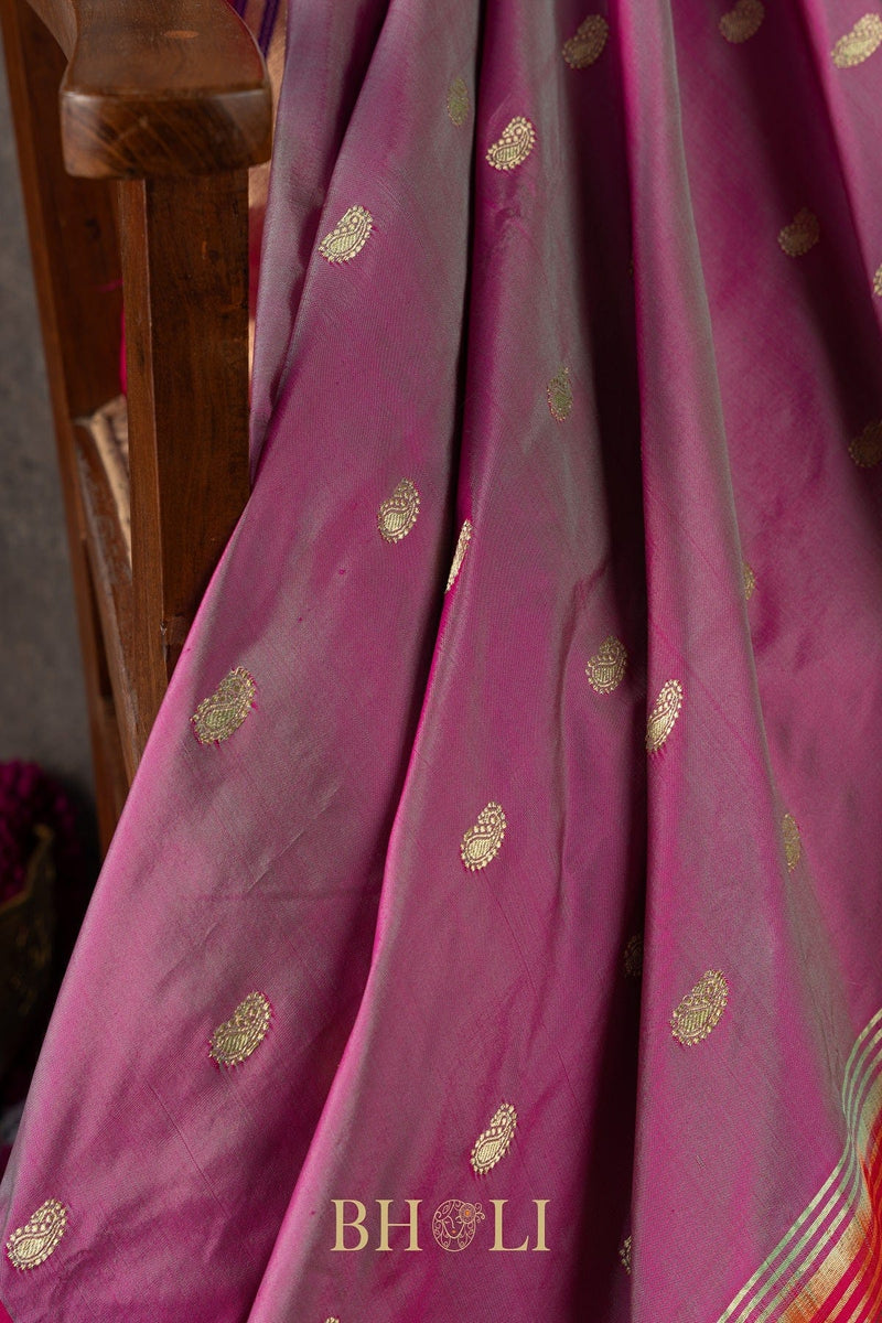 Handwoven narali paithani pure mulberry silk shot color saree