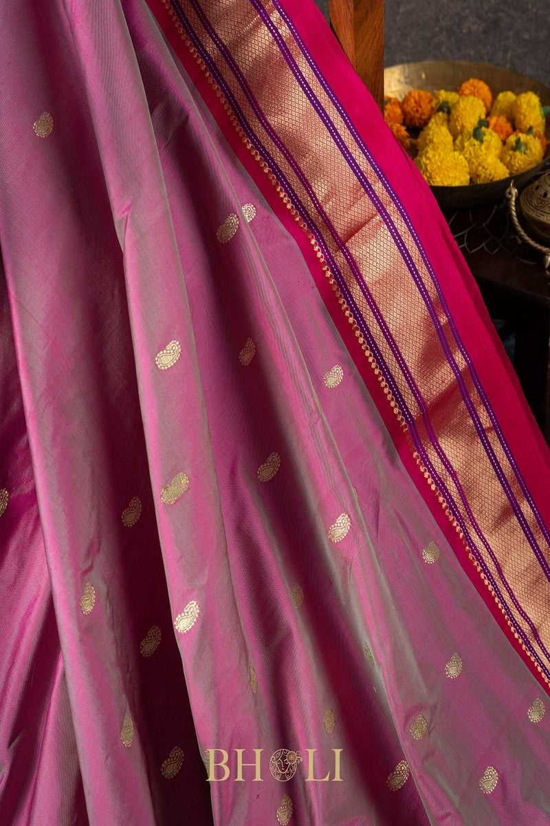 Handwoven narali paithani pure mulberry silk shot color saree