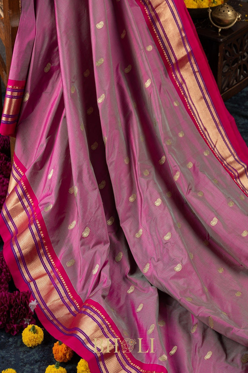 Handwoven narali paithani pure mulberry silk shot color saree