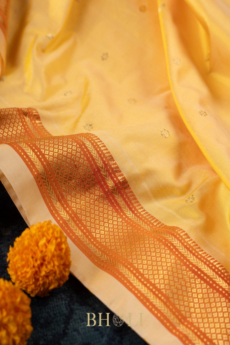 Handwoven narali paithani pure mulberry silk yellow saree
