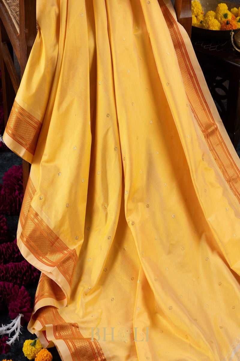 Handwoven narali paithani pure mulberry silk yellow saree