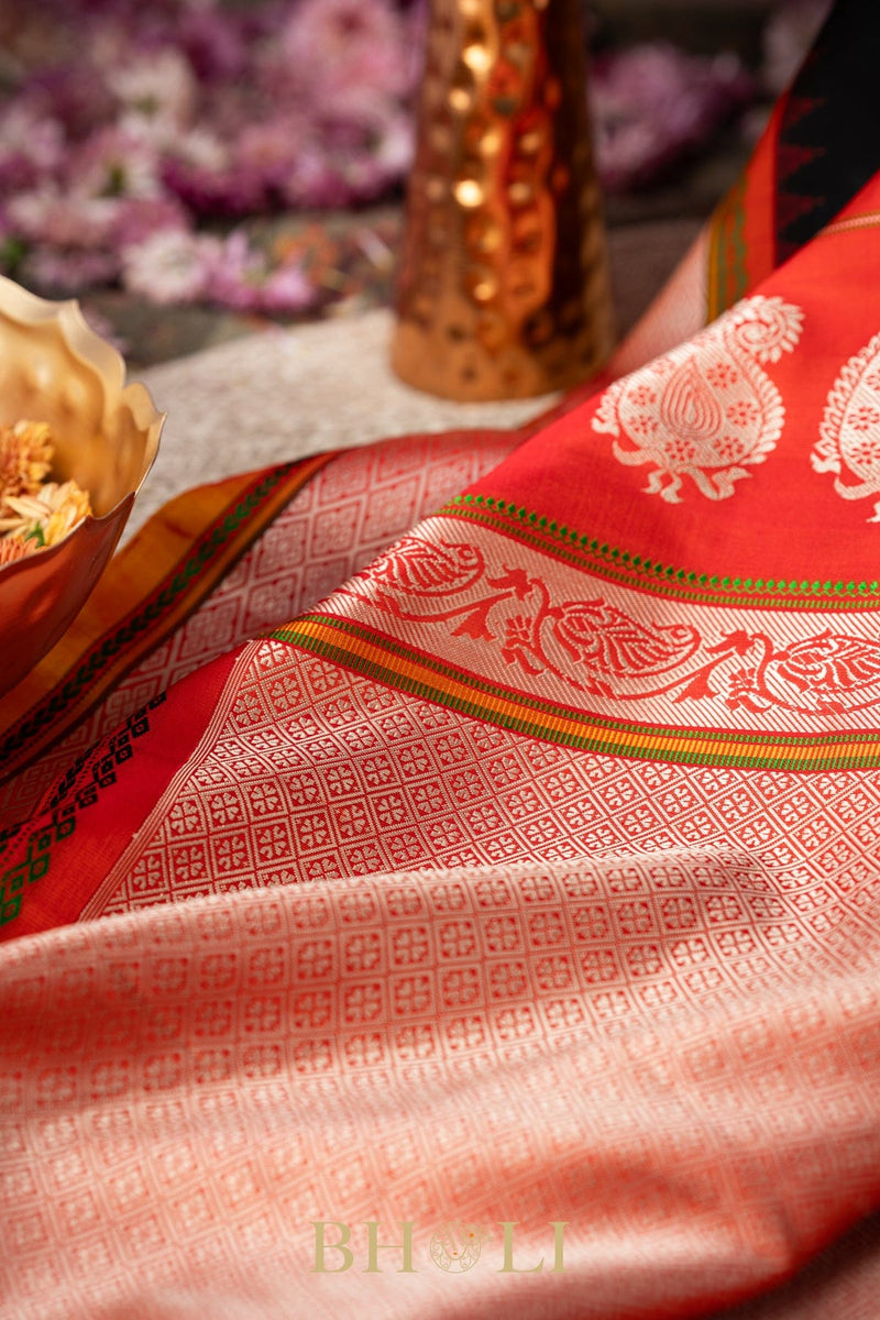 handwoven orange and black pure silk gadwal