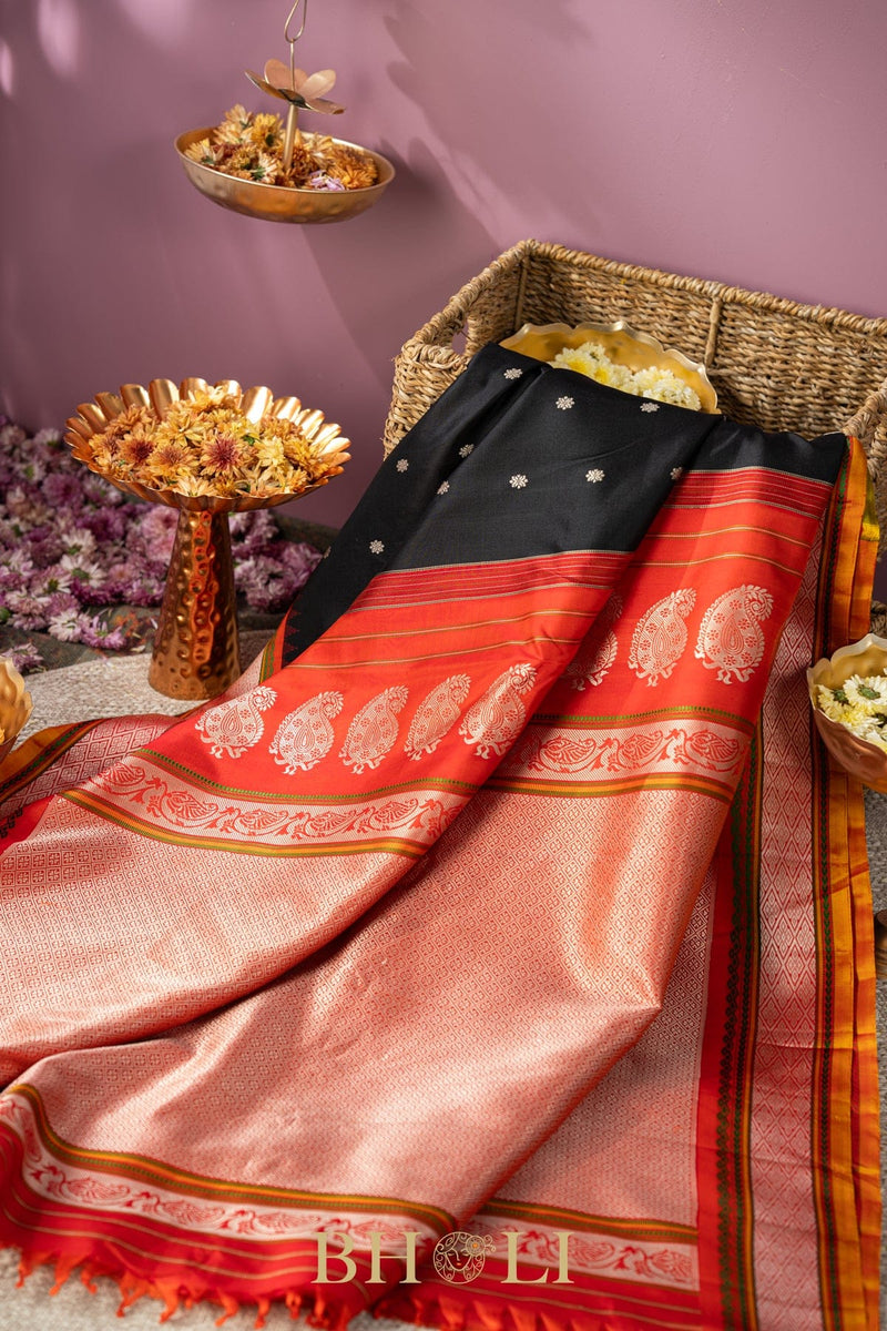 handwoven orange and black pure silk gadwal