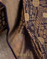 handwoven pure katan silk navy blue brocade banarasi