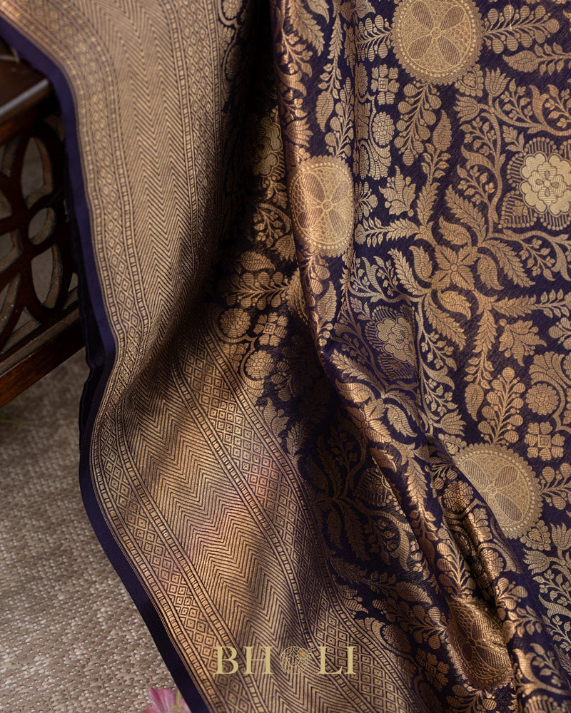handwoven pure katan silk navy blue brocade banarasi