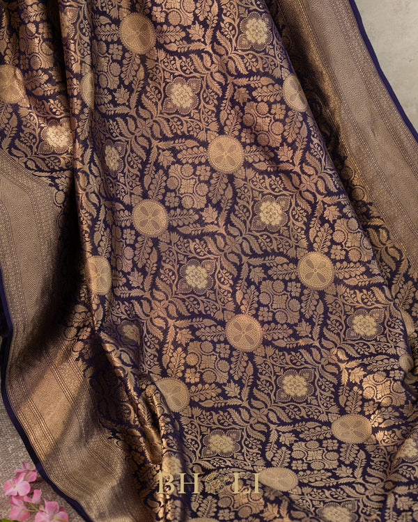handwoven pure katan silk navy blue brocade banarasi