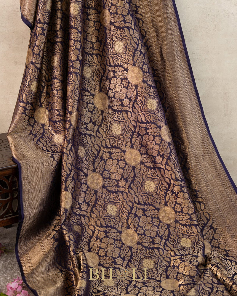 handwoven pure katan silk navy blue brocade banarasi