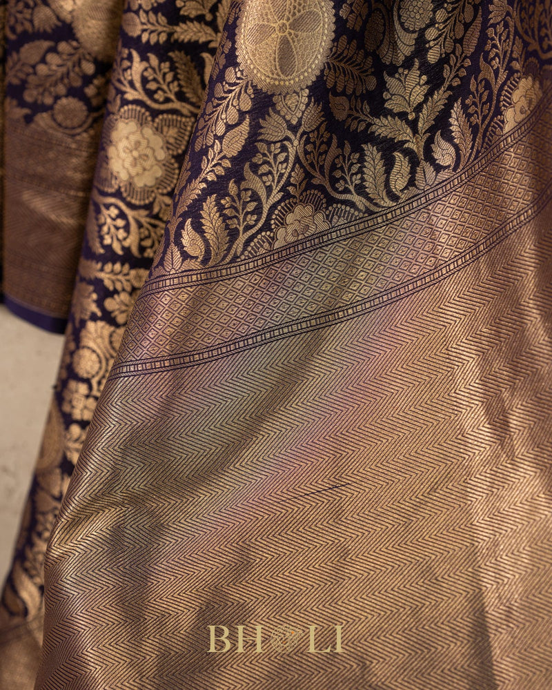 handwoven pure katan silk navy blue brocade banarasi