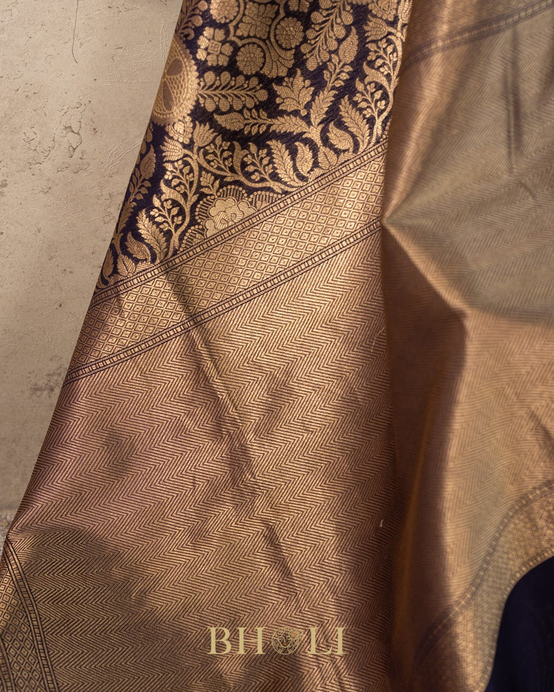 handwoven pure katan silk navy blue brocade banarasi