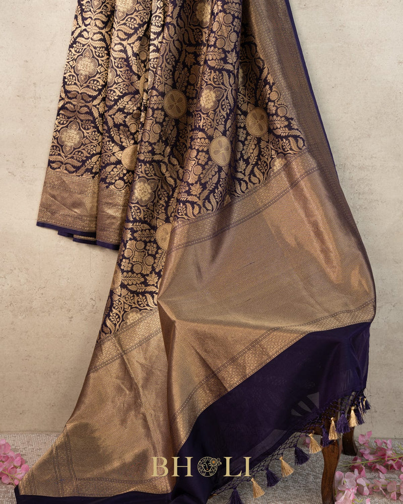handwoven pure katan silk navy blue brocade banarasi