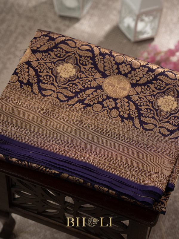 handwoven pure katan silk navy blue brocade banarasi