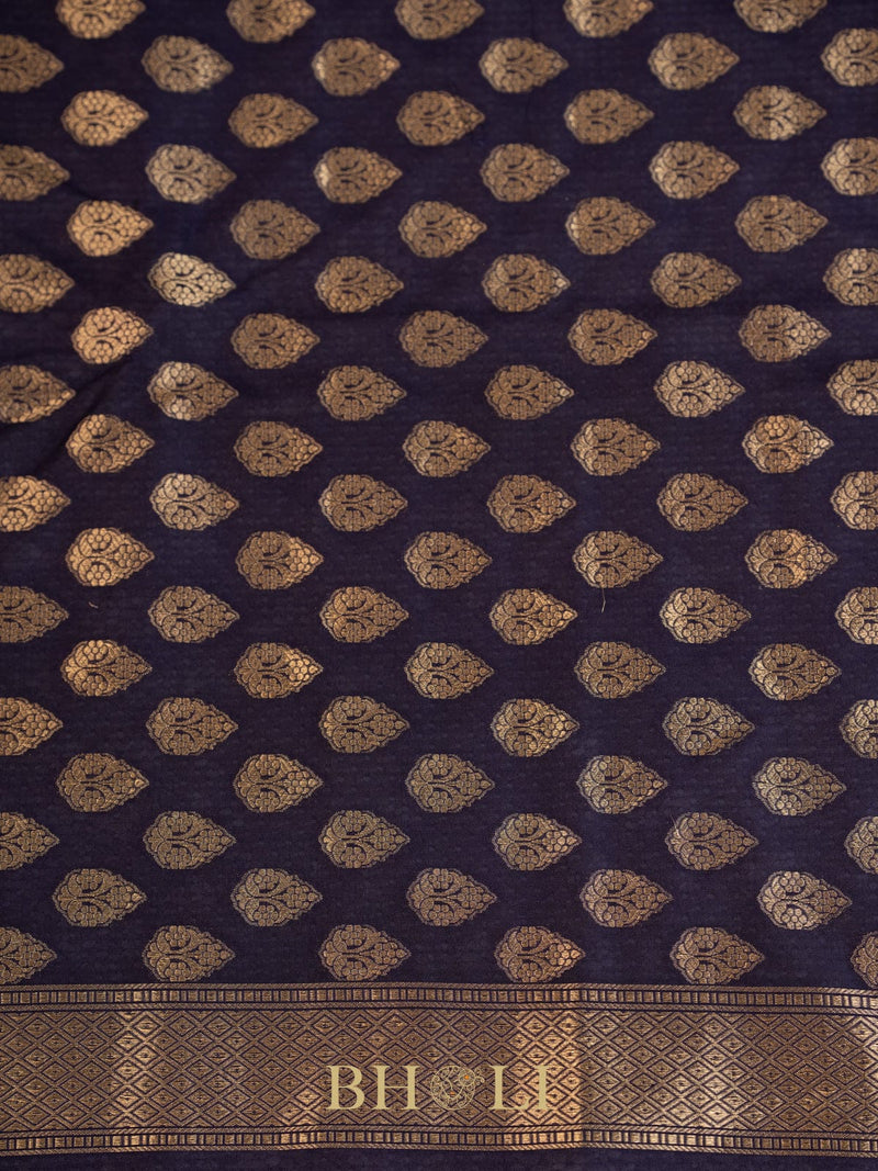 handwoven pure katan silk navy blue brocade banarasi