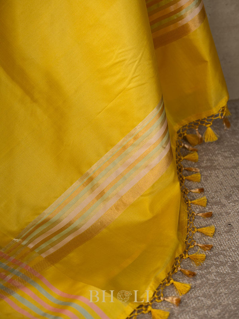 handwoven pure katan silk yellow banarasi