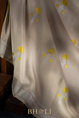 handwoven pure katan silk yellow meenakari kaduwa taupe banarasi