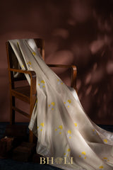 handwoven pure katan silk yellow meenakari kaduwa taupe banarasi