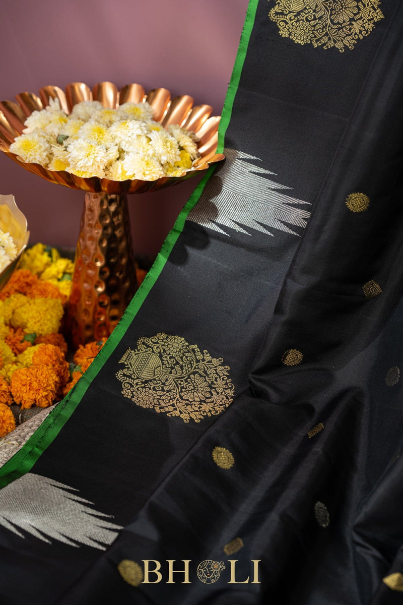 handwoven pure silk black gadwal with green blouse