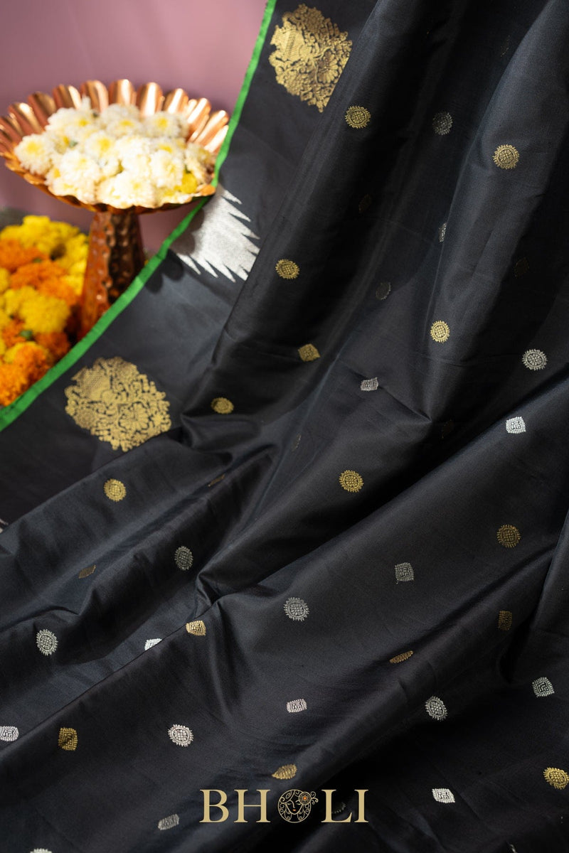 handwoven pure silk black gadwal with green blouse