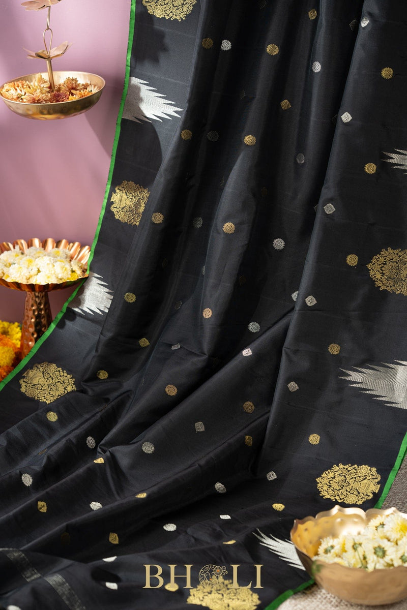 handwoven pure silk black gadwal with green blouse