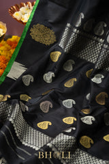 handwoven pure silk black gadwal with green blouse