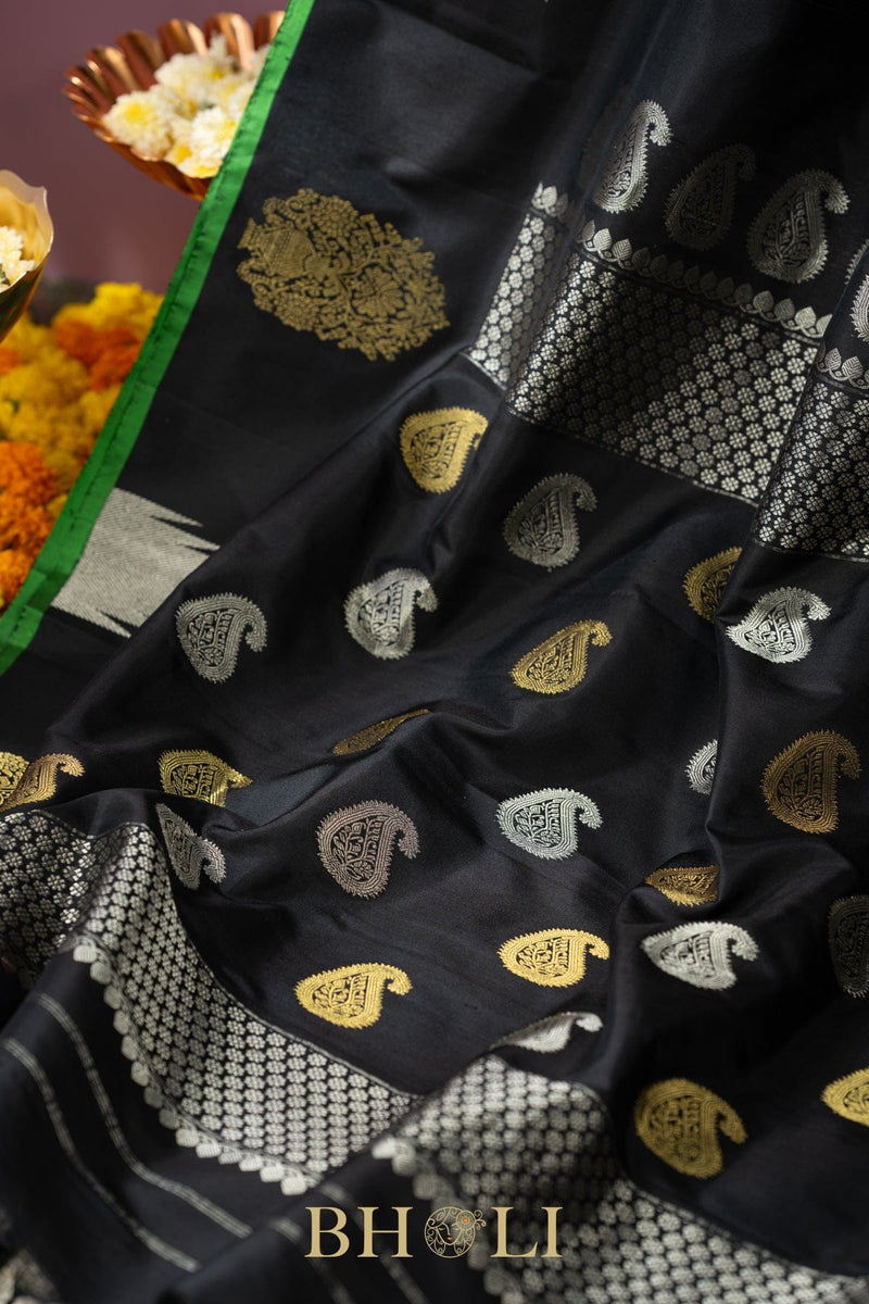 handwoven pure silk black gadwal with green blouse