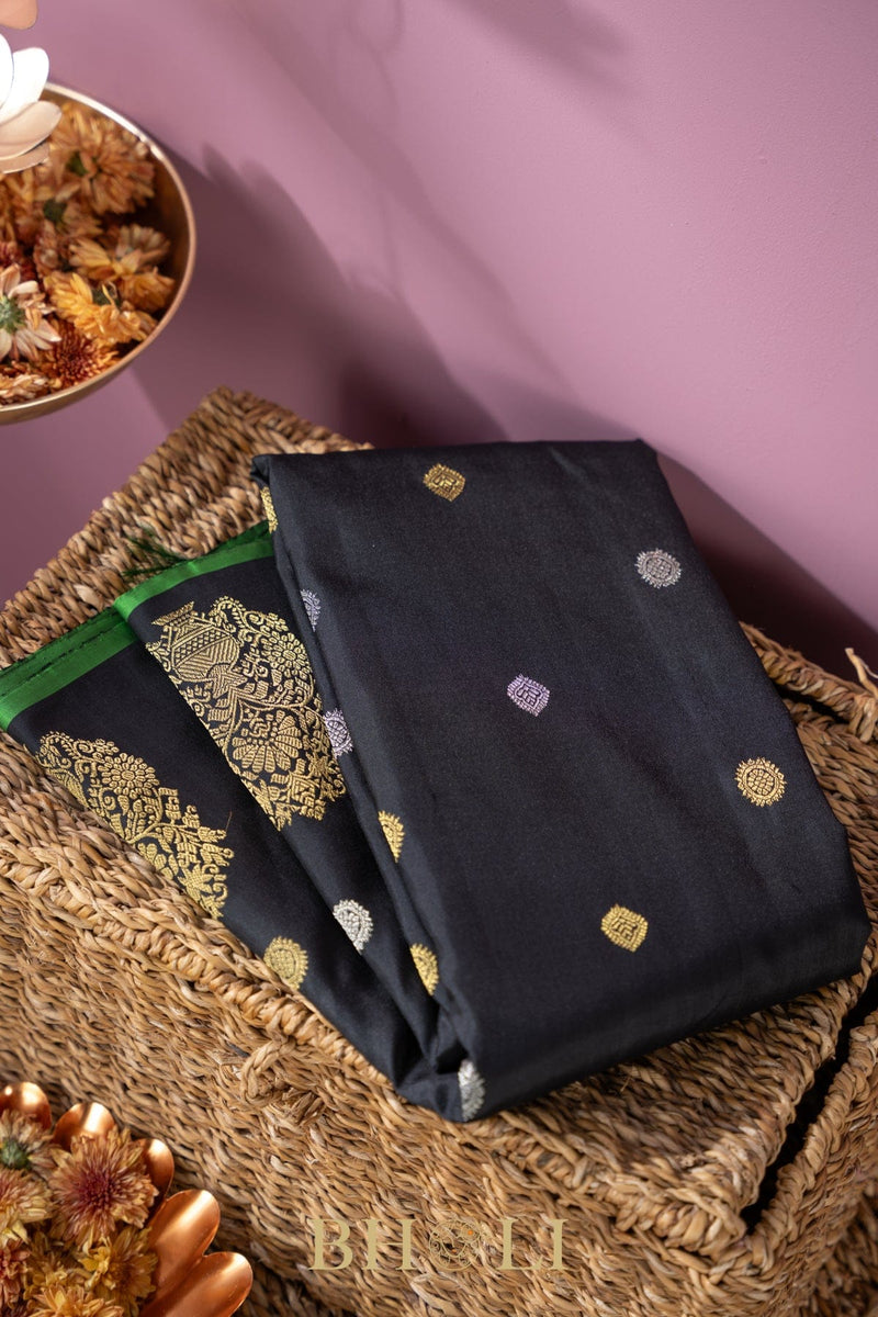 handwoven pure silk black gadwal with green blouse