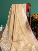 handwoven soft kora brocade gold body with kaduwa meenakari border banarasi